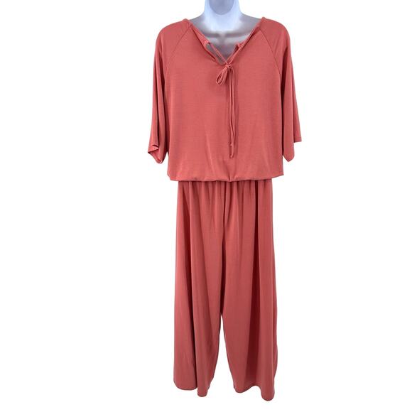 Coral Pink Short Sleeve Wide Leg Drawstring Jumpsuit Womens Tie Back Round Neck - Picture 10 of 10